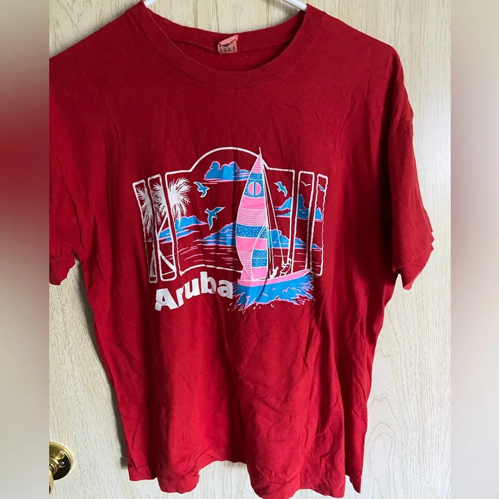 🖤 Vintage EMCO Single Stitch ArUBA T-Shirt Flower Basket Sz 8 US 12 China SM/MED